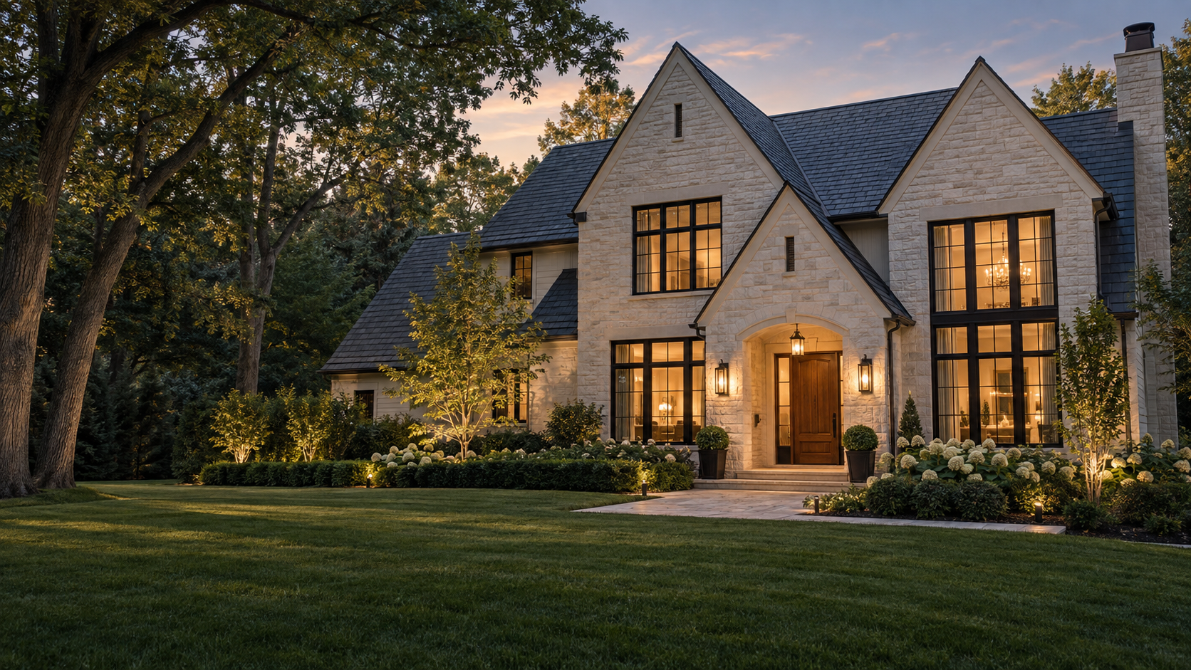Architectural illustration of a luxury Minnesota-style home with limestone, gabled roofs and mature trees